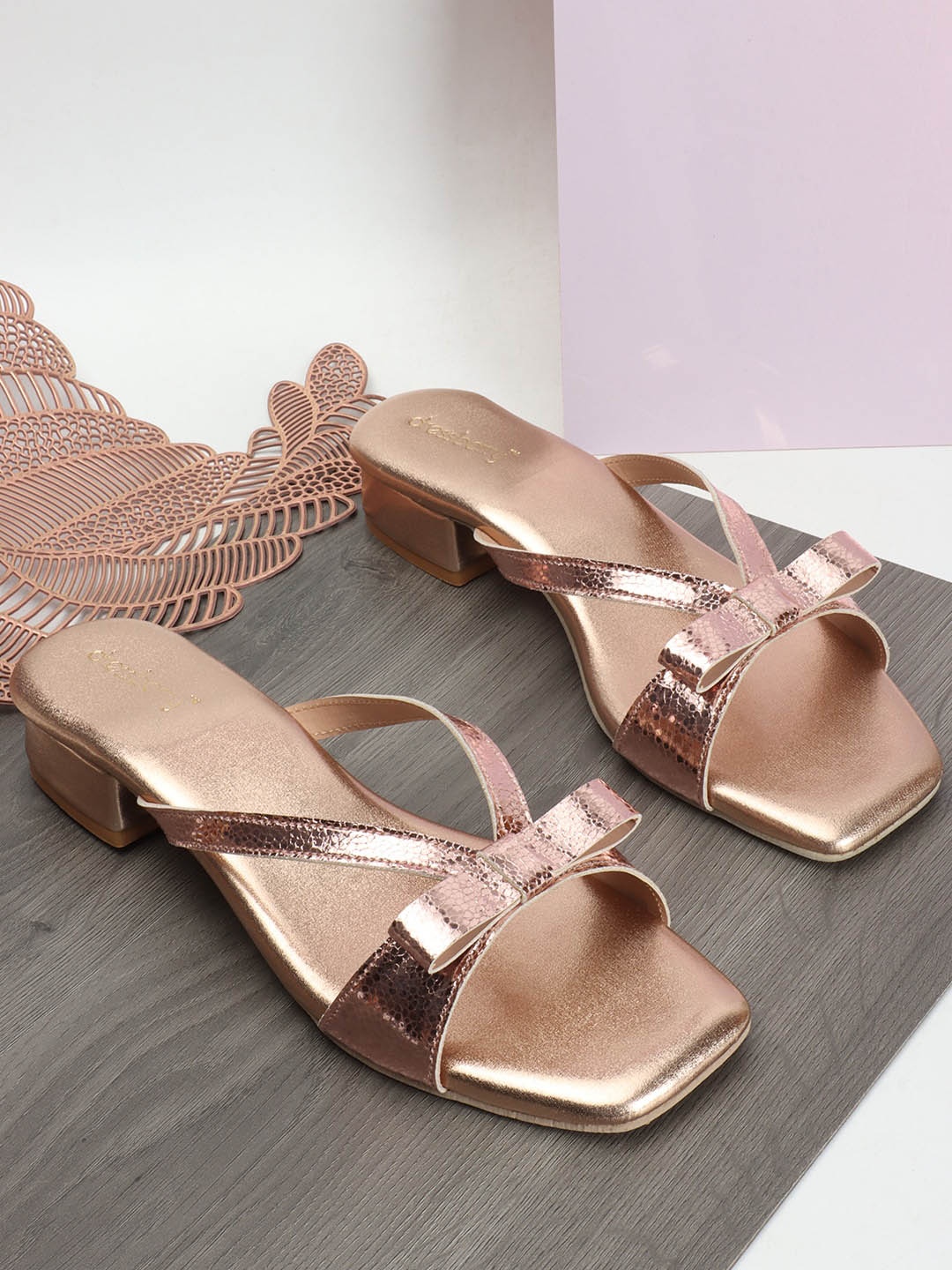 

DressBerry Rose Gold-Toned Textured Open Toe Block Heels