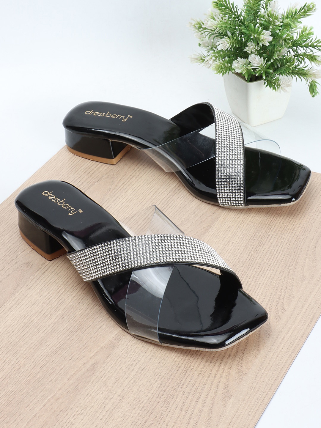 

DressBerry Black Embellished Open Toe Block Heels