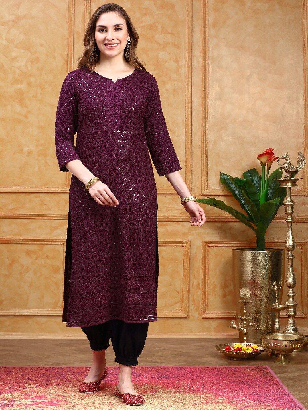 

Ishin Floral Printed Embroidered Sequinned Straight Kurta, Purple