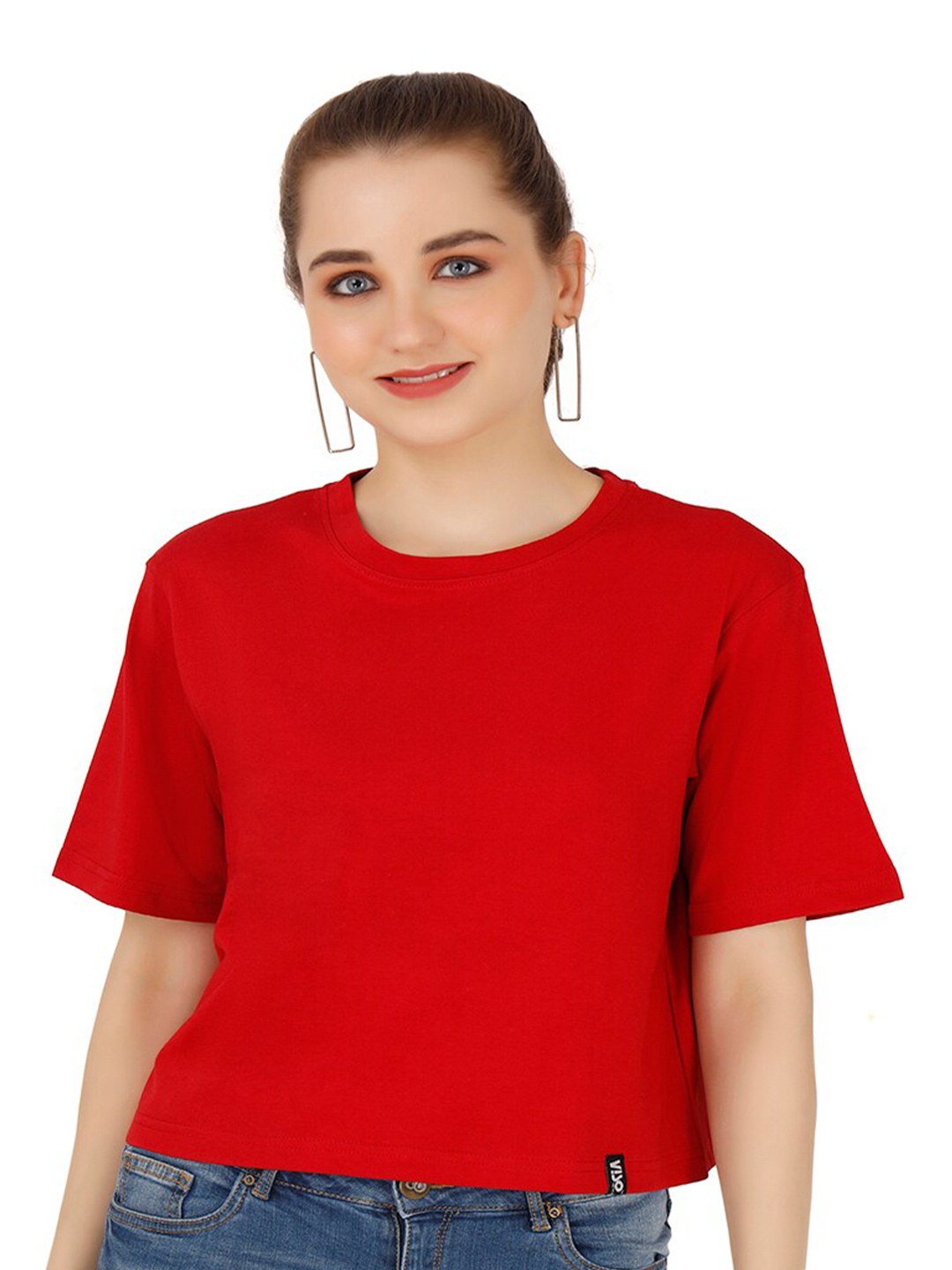 

VISO Round Neck Cotton Oversized Crop T-shirt, Red
