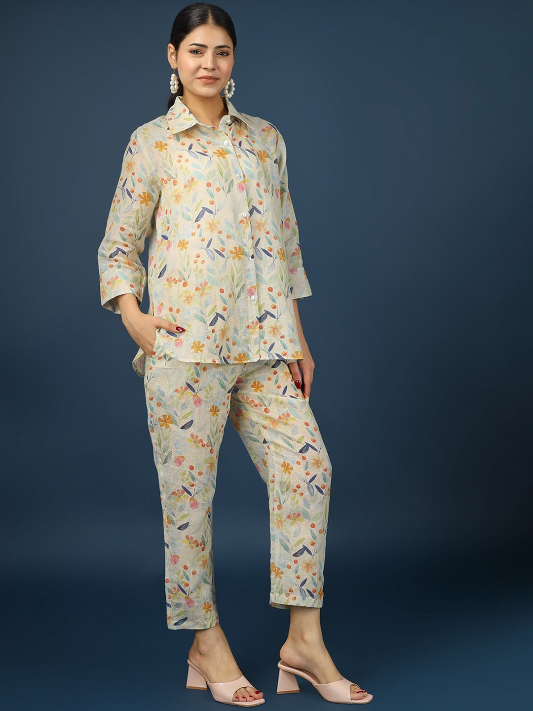 

HUE & HIDE Printed Linen Shirt With Trousers Co-Ords, White