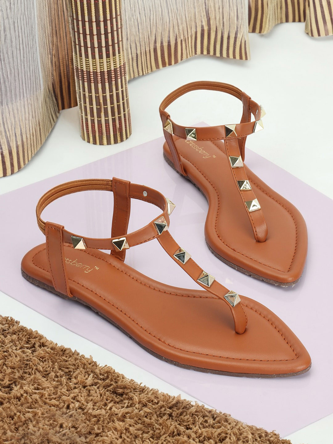 

DressBerry Tan Embellished Open Toe Flats
