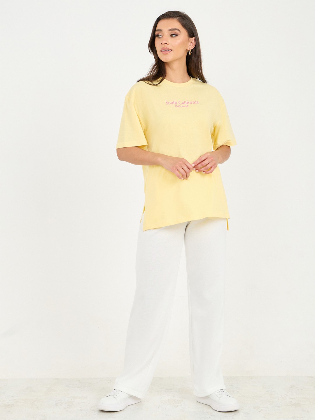 

Styli Round Neck Typography Cotton Oversized T-shirt, Yellow