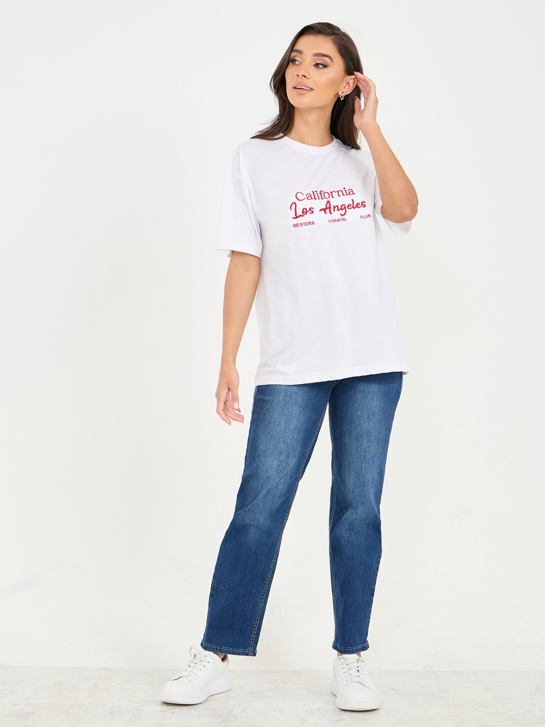 

Styli Round Neck Typography Embroidered Cotton Oversized T-shirt, White