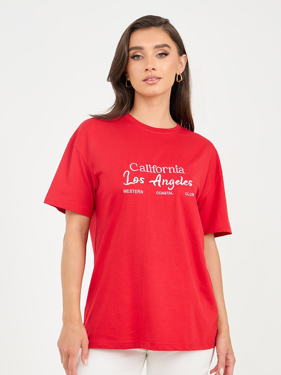Styli Round Neck Typography Embroidered Cotton Oversized T-shirt, Red