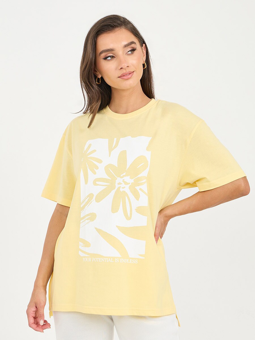 

Styli Round Neck Printed Cotton Oversized Longline T-shirt, Yellow