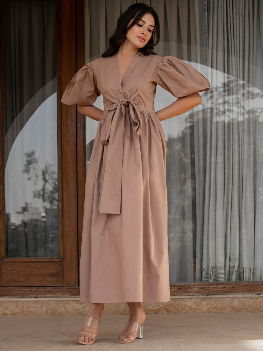 

B'Infinite Puff Sleeve Cotton Fit and Flare Maxi Dress, Camel brown