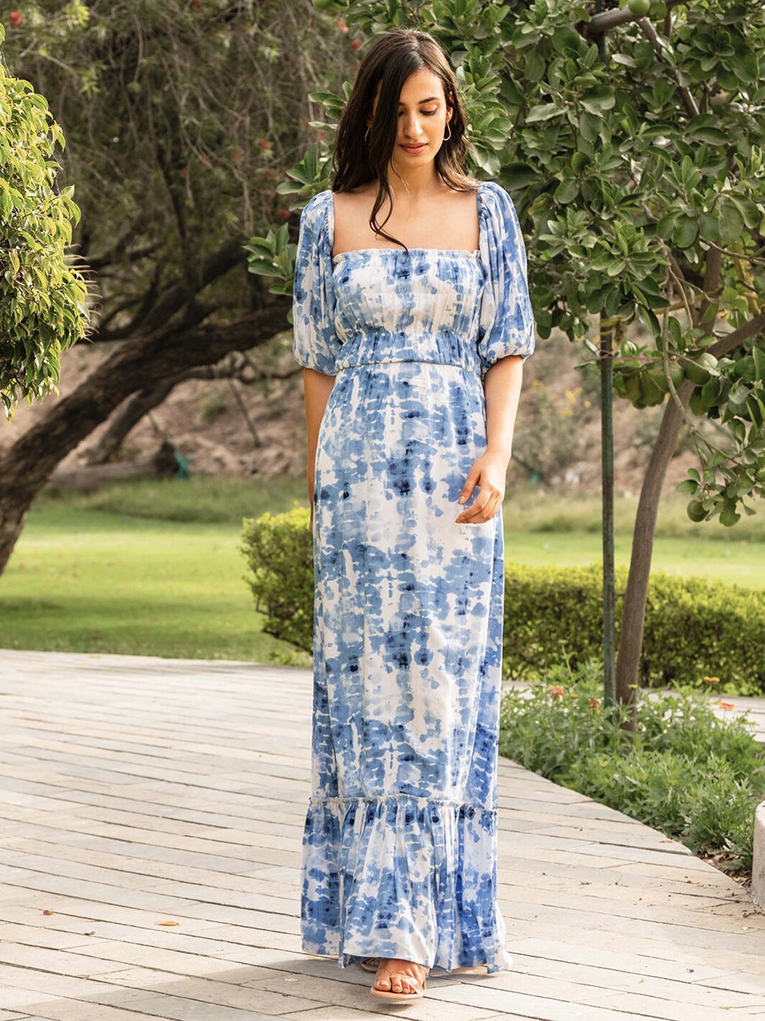 

B'Infinite Tie and Dyed Puff Sleeve Cotton Maxi Dress, Blue