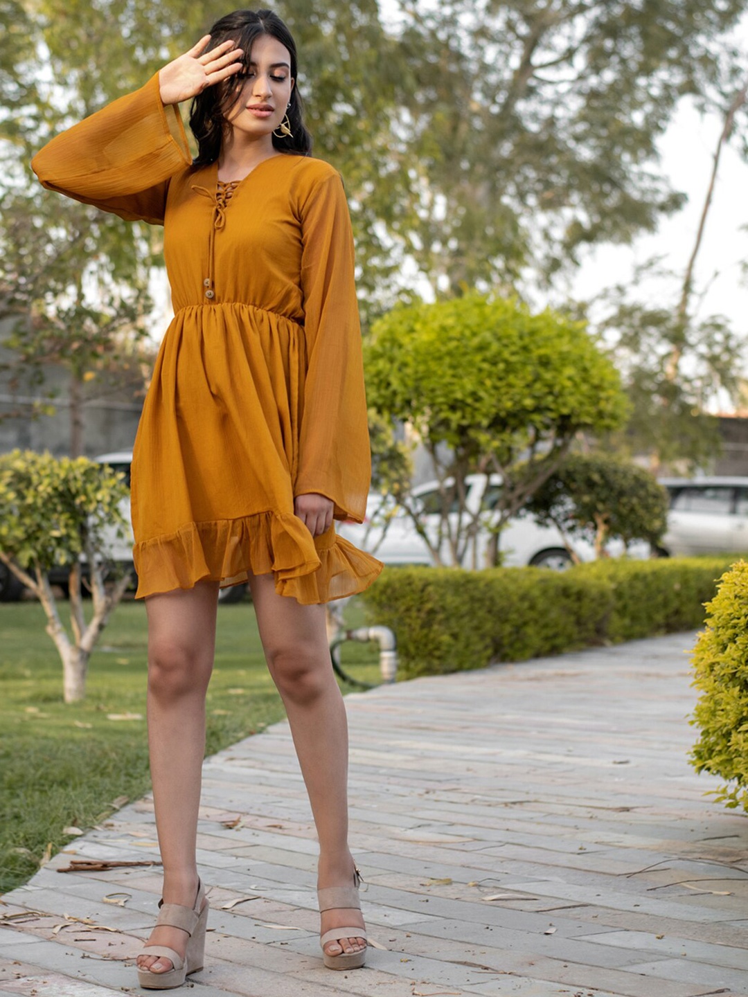 

B'Infinite Tie-Up Neck Chiffon Fit and Flare Dress, Mustard