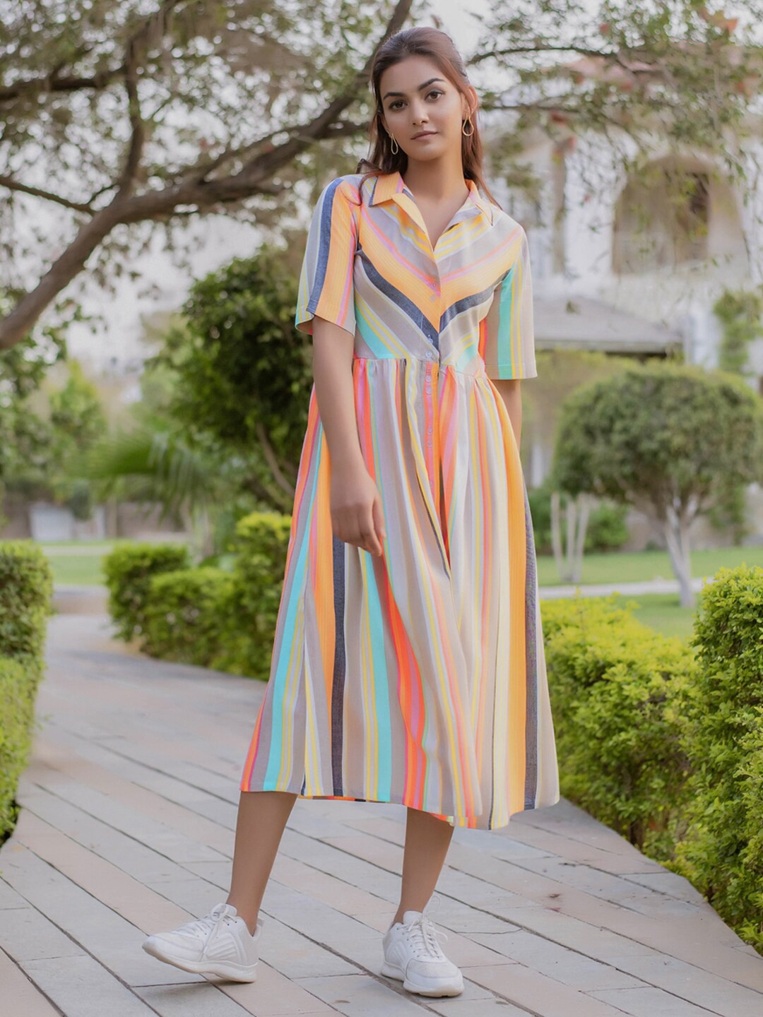

B'Infinite Striped Fit & Flare Midi Dress, Peach