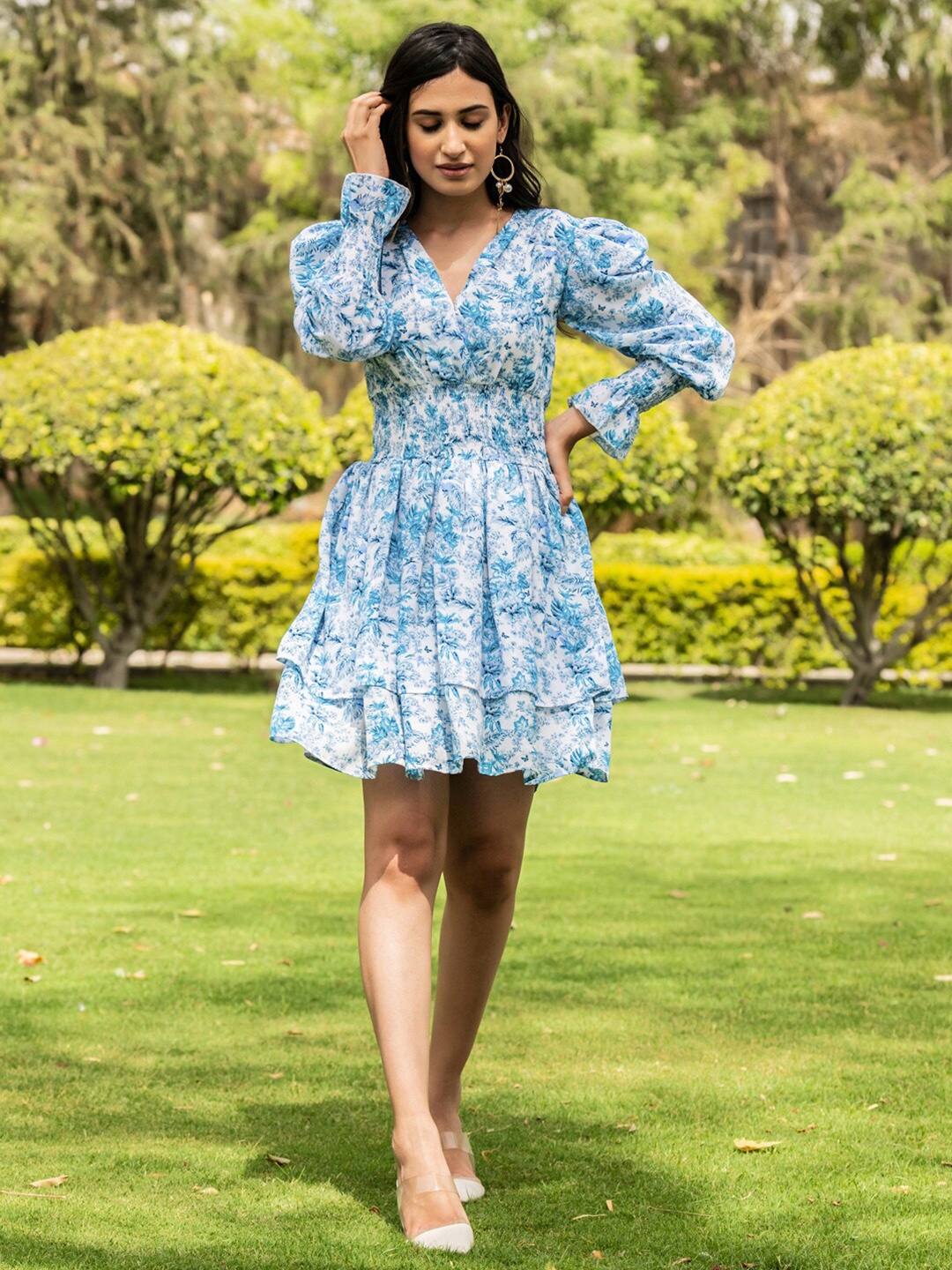 

B'Infinite Floral Printed Cuffed Sleeves Crepe Smocked Layered Fit & Flare Dress, Blue