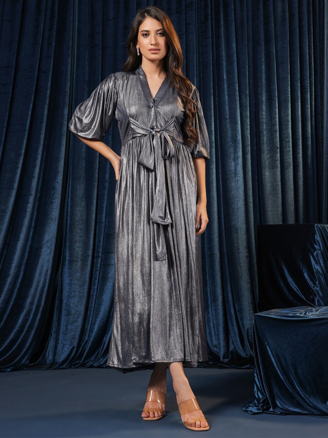 

B'Infinite Puff Sleee Fit & Flare Maxi Dress, Charcoal
