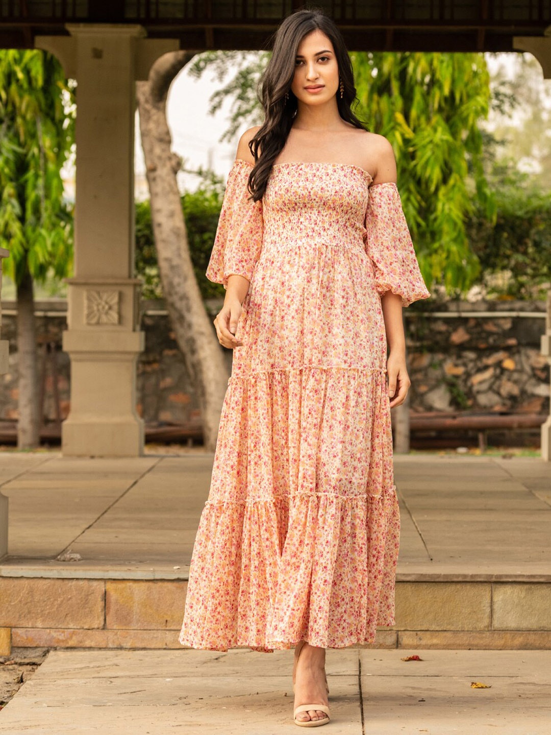 

B'Infinite Floral Print Off-Shoulder Puff Sleeve Chiffon Maxi Dress, Peach