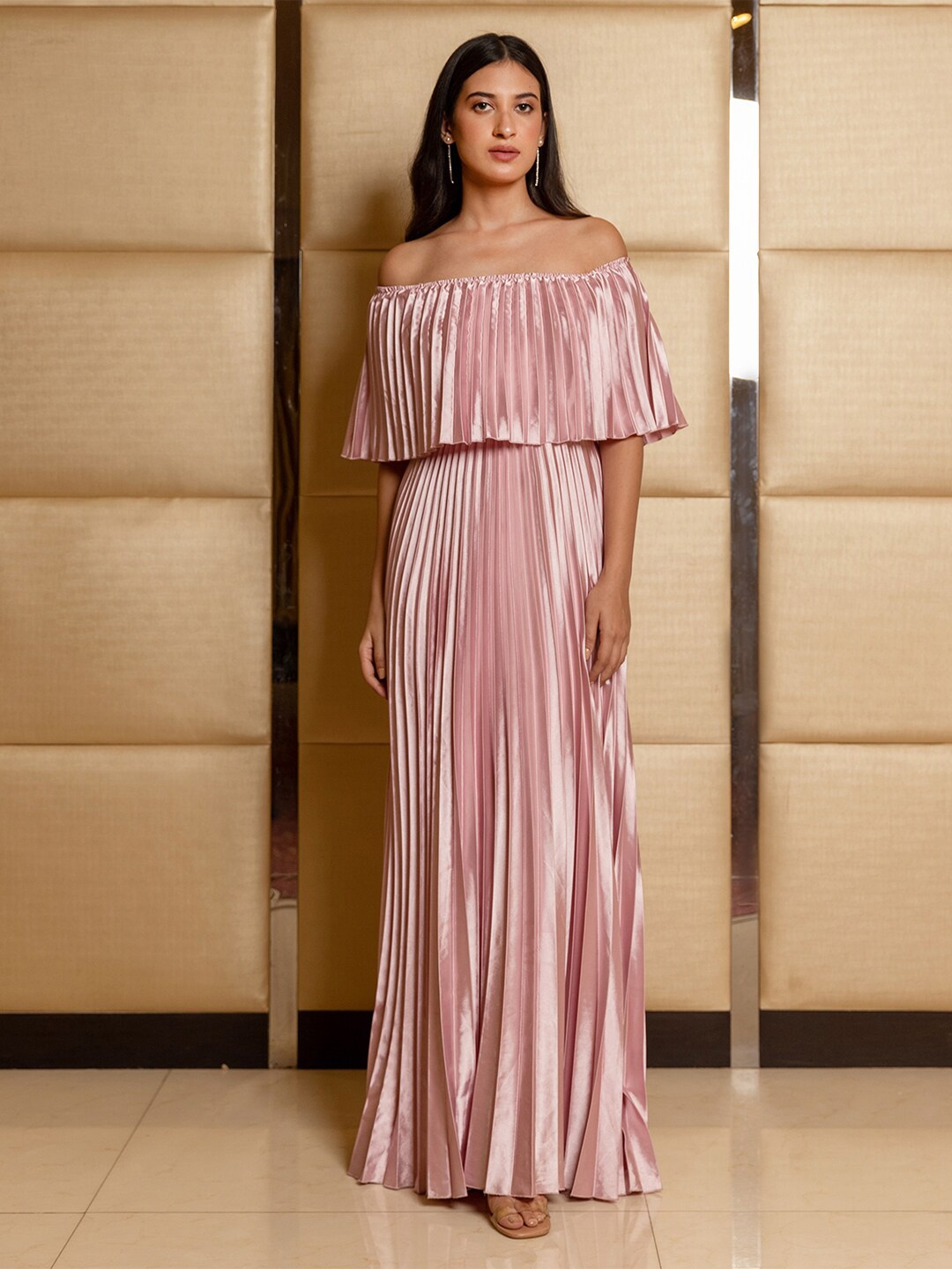 

B'Infinite Off-Shoulder Flared Sleeves Pleated Satin Maxi Dress, Pink