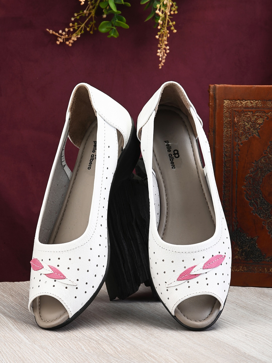 

pelle albero Embellished Leather Peep Toe Wedge Heel, White
