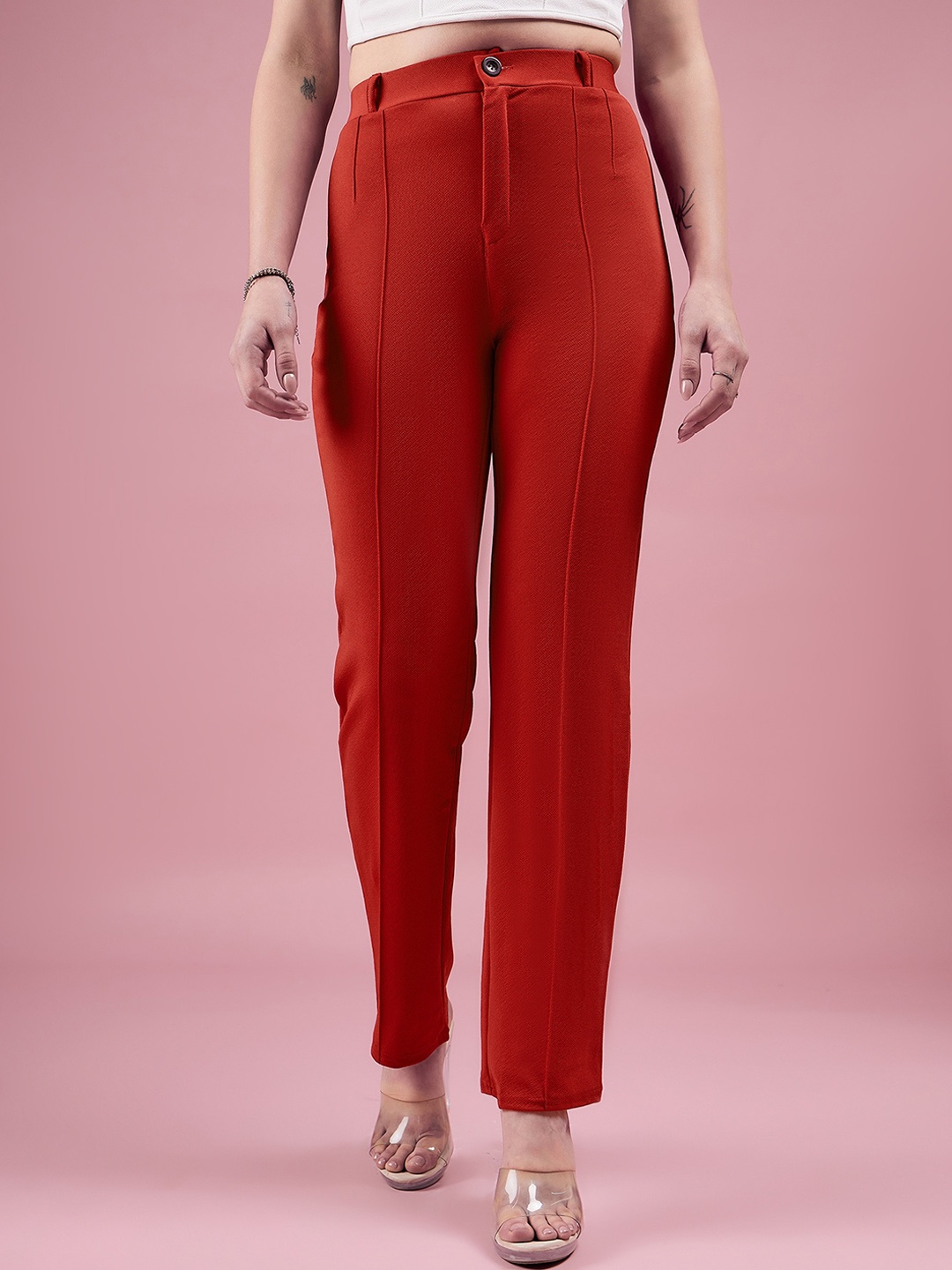 

DressBerry Red Women Relaxed Straight Fit High-Rise Easy Wash Chinos Trousers