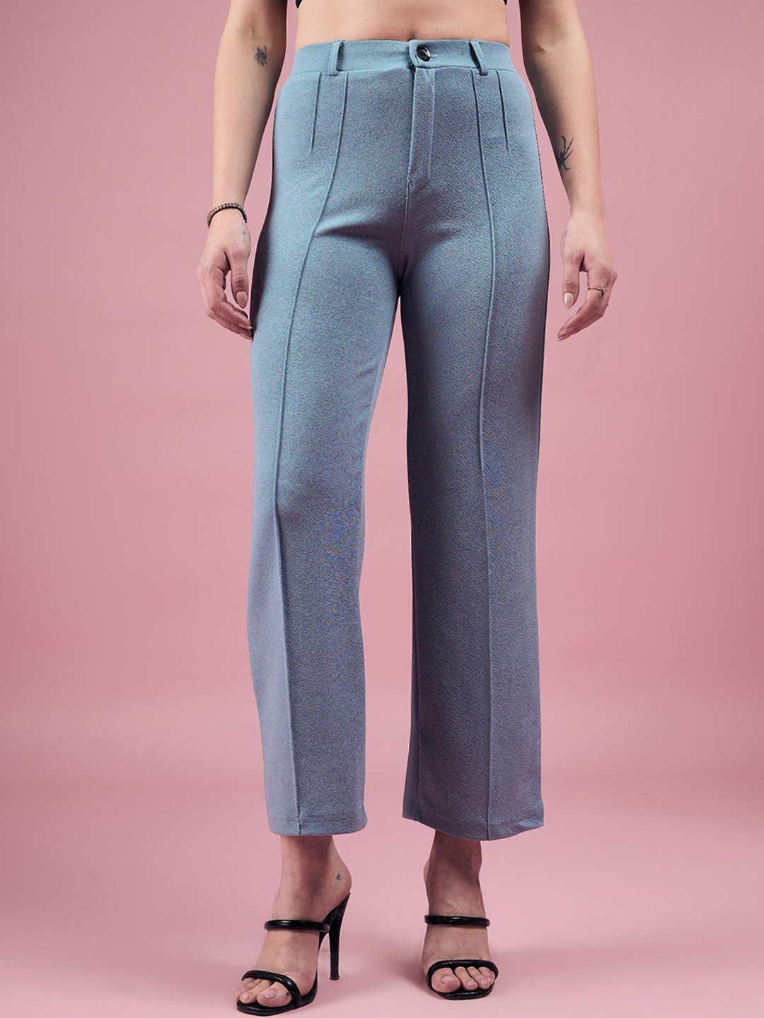 

DressBerry Teal Blue Women Relaxed Straight Fit High-Rise Easy Wash Trousers
