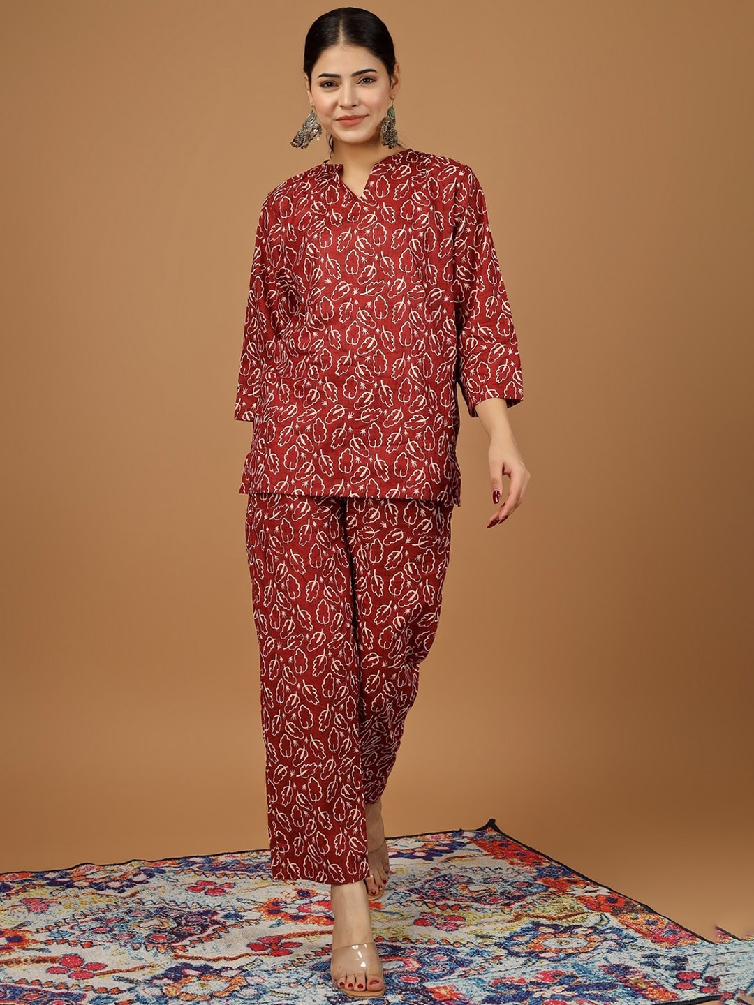 

HUE & HIDE Printed Mandarin Collar Top With Trousers Co-Ords, Maroon