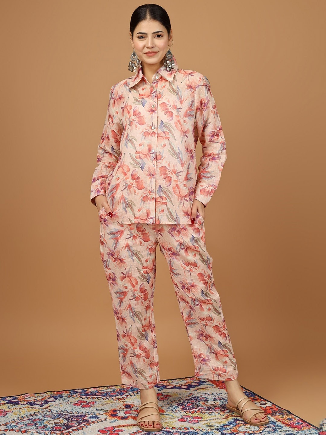 

HUE & HIDE Printed Shirt With Trousers Co-Ords, Peach