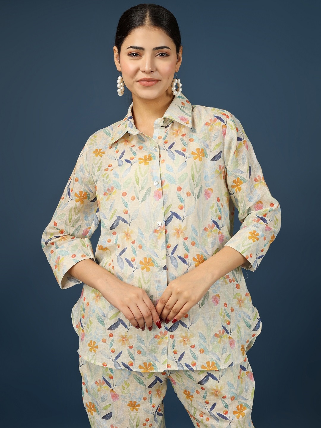 

HUE & HIDE Printed Shirt Collar Neck Shirt & Flared Trouser Co-Ords, Lime green