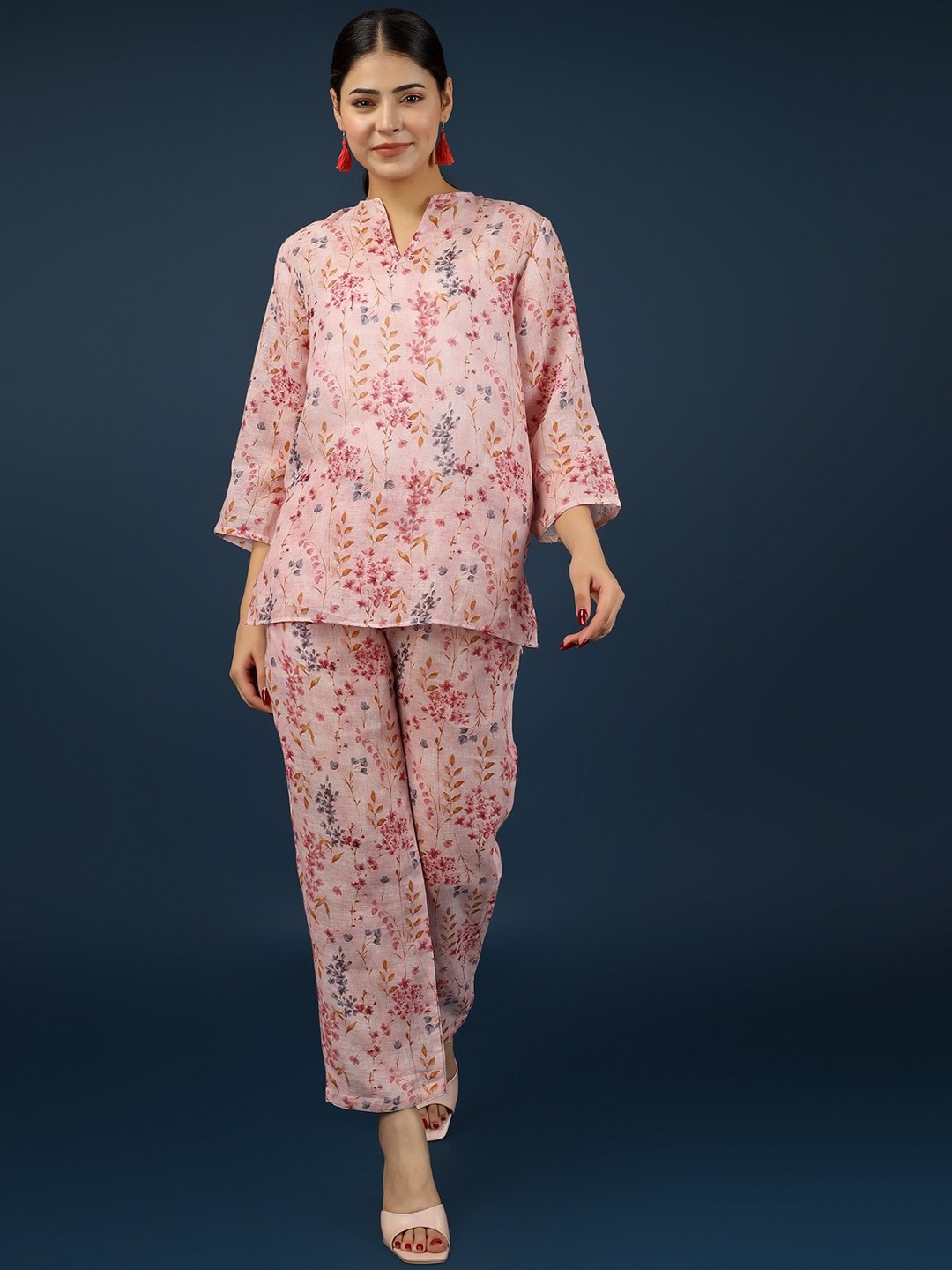 

HUE & HIDE Printed Linen Mandarin Collar Top With Trousers Co-Ords, Pink