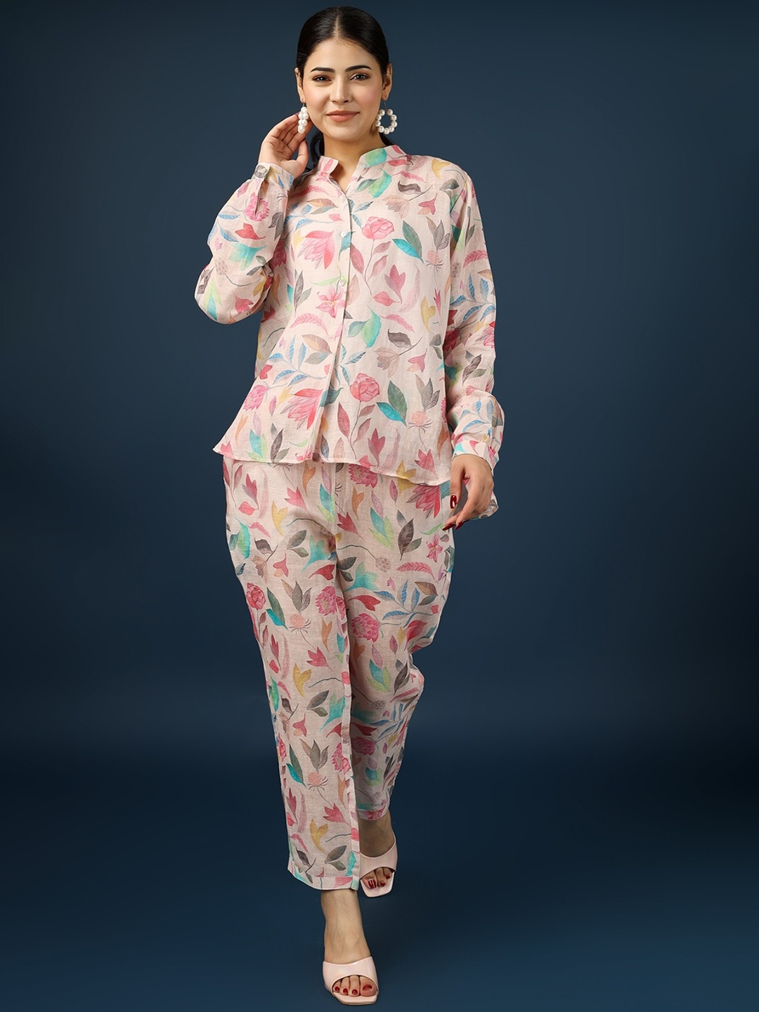 

HUE & HIDE Printed Mandarin-Collar Shirt With Trouser Co-Ords, Pink