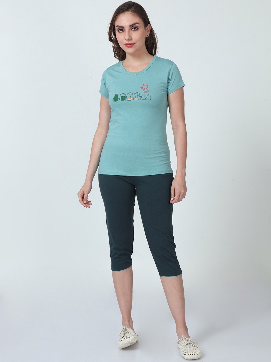 

ecott Printed Pure Cotton T-shirt & Capris, Sea green