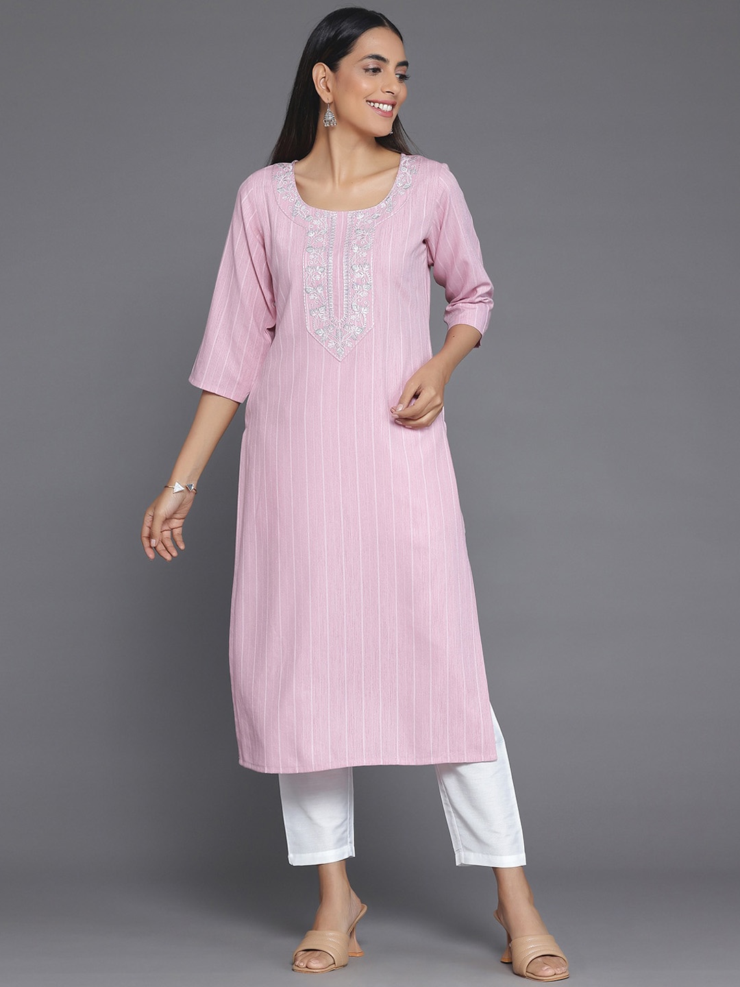 

Libas Striped Woven Design Straight Kurta, Pink