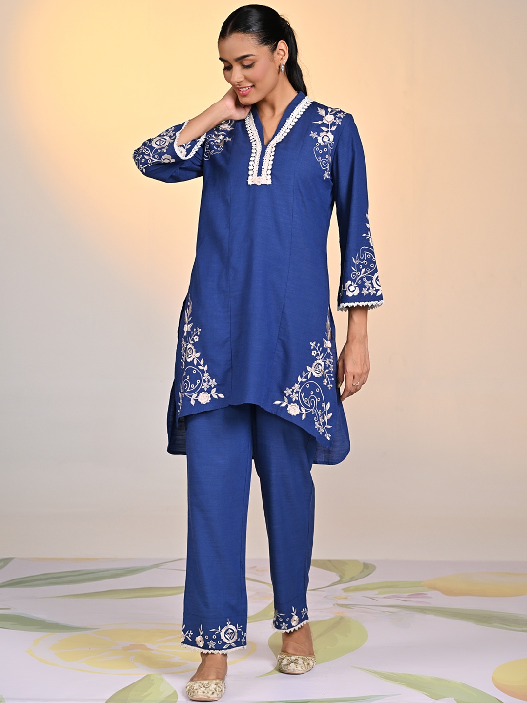 

Lakshita Embroidered A-Line Kurta With Trousers Co-Ord Set, Blue
