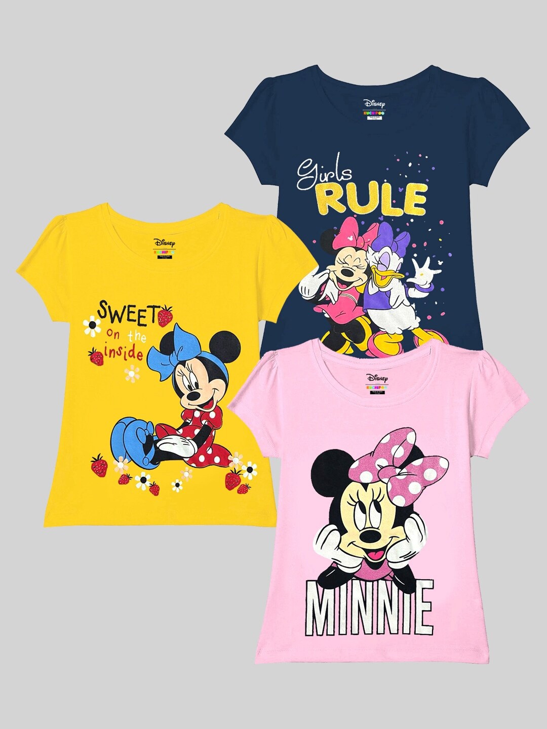 

KUCHIPOO Girls Pack Of 3 Minnie & Daisy Printed Round Neck T-shirt, Pink