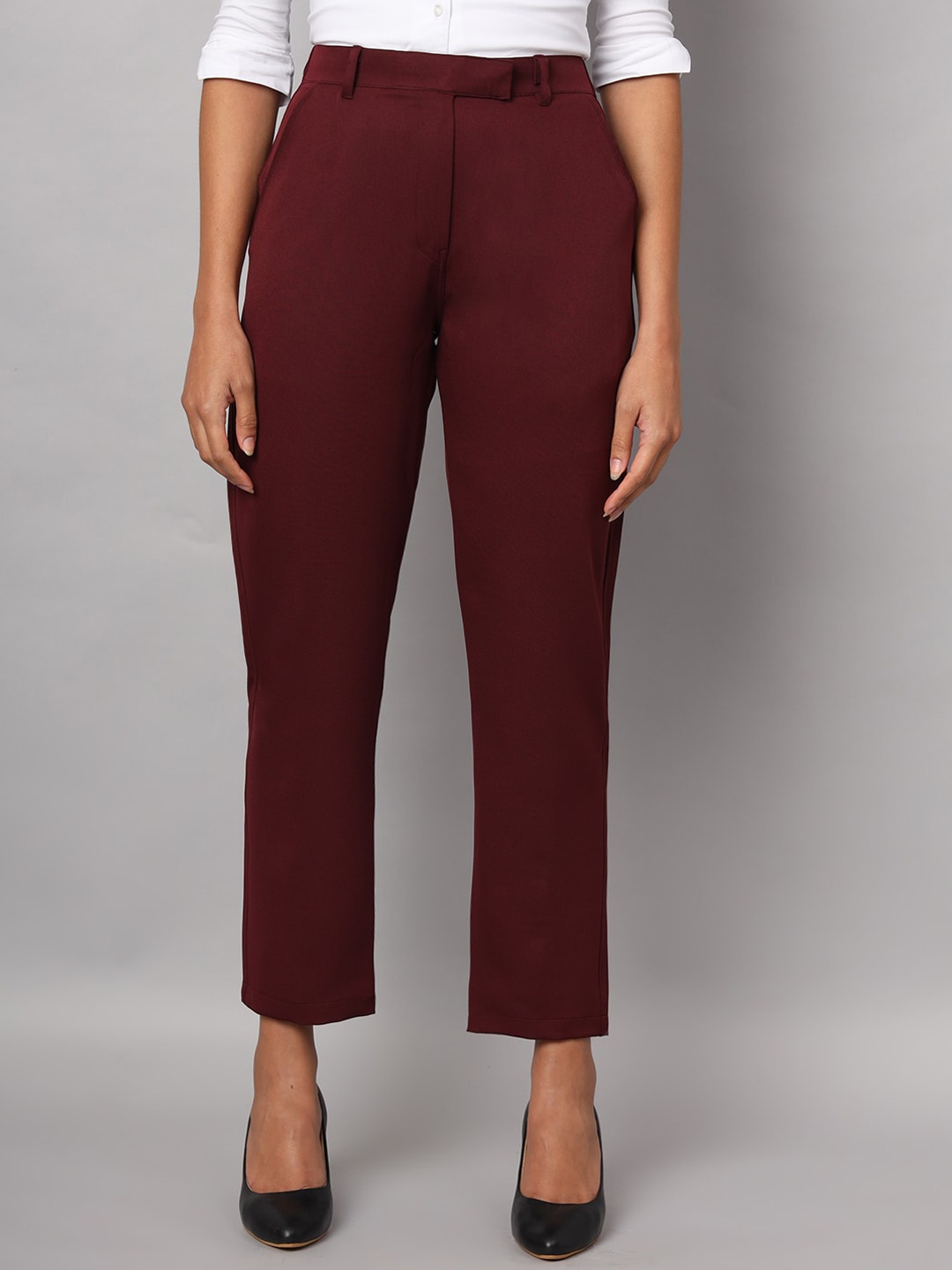 

BRINNS Women Mid-Rise Relaxed Straight Leg Cropped Trousers, Burgundy