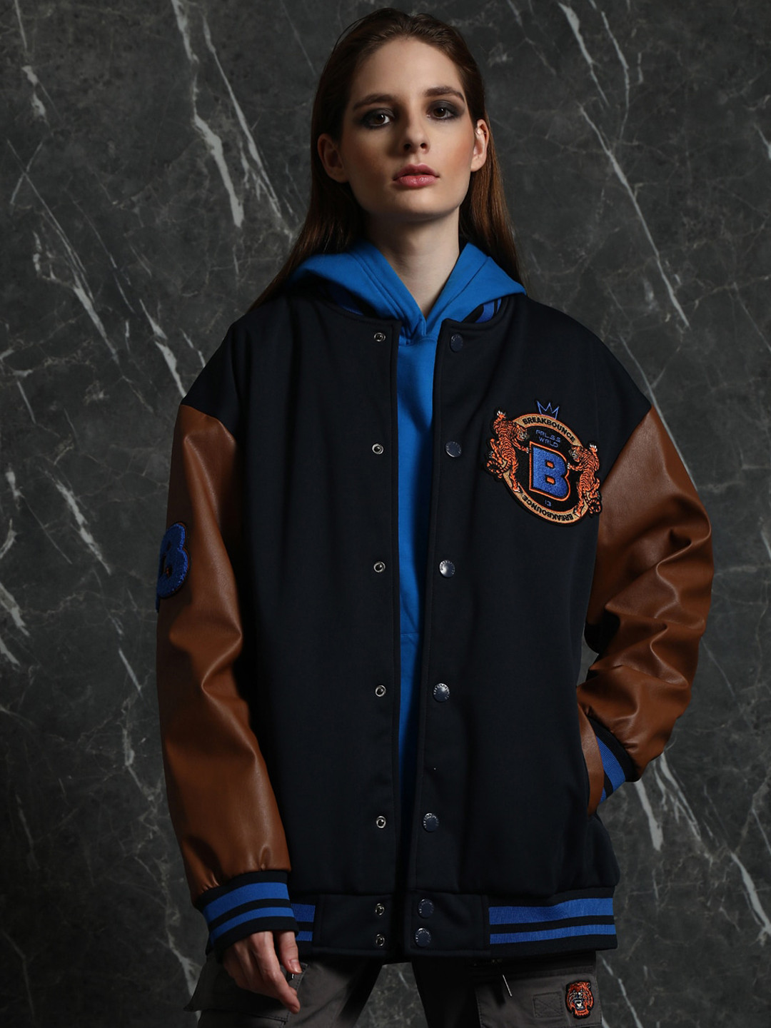 

Breakbounce Navy Blue Stand Collar Longline Oversized Bomber Jacket