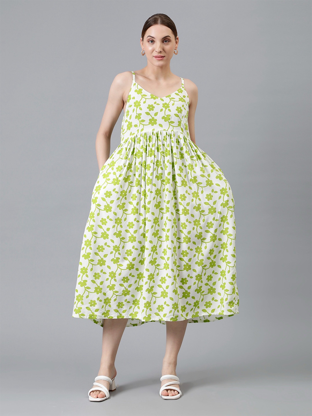 

CELEBRAVO Floral Print Shoulder Strap Pleated Fit & Flare Midi Dress, White
