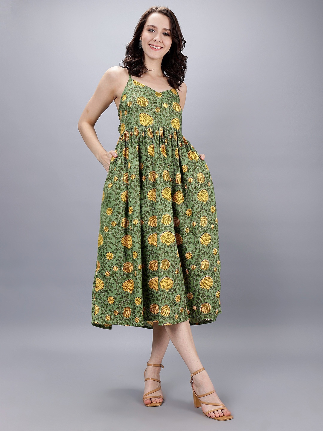 

CELEBRAVO Floral Print Shoulder Strap Pleated Cotton Fit & Flare Midi Dress, Green