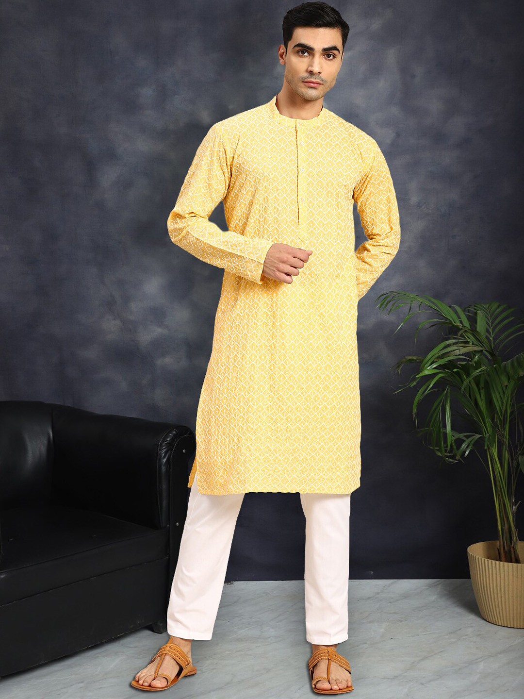 

Anouk Men Embroidered Regular Chikankari Kurta with Pyjamas, Yellow