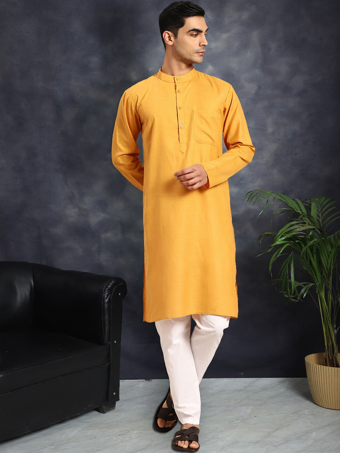

Anouk Men Regular Pure Cotton Kurta with Pyjamas, Mustard