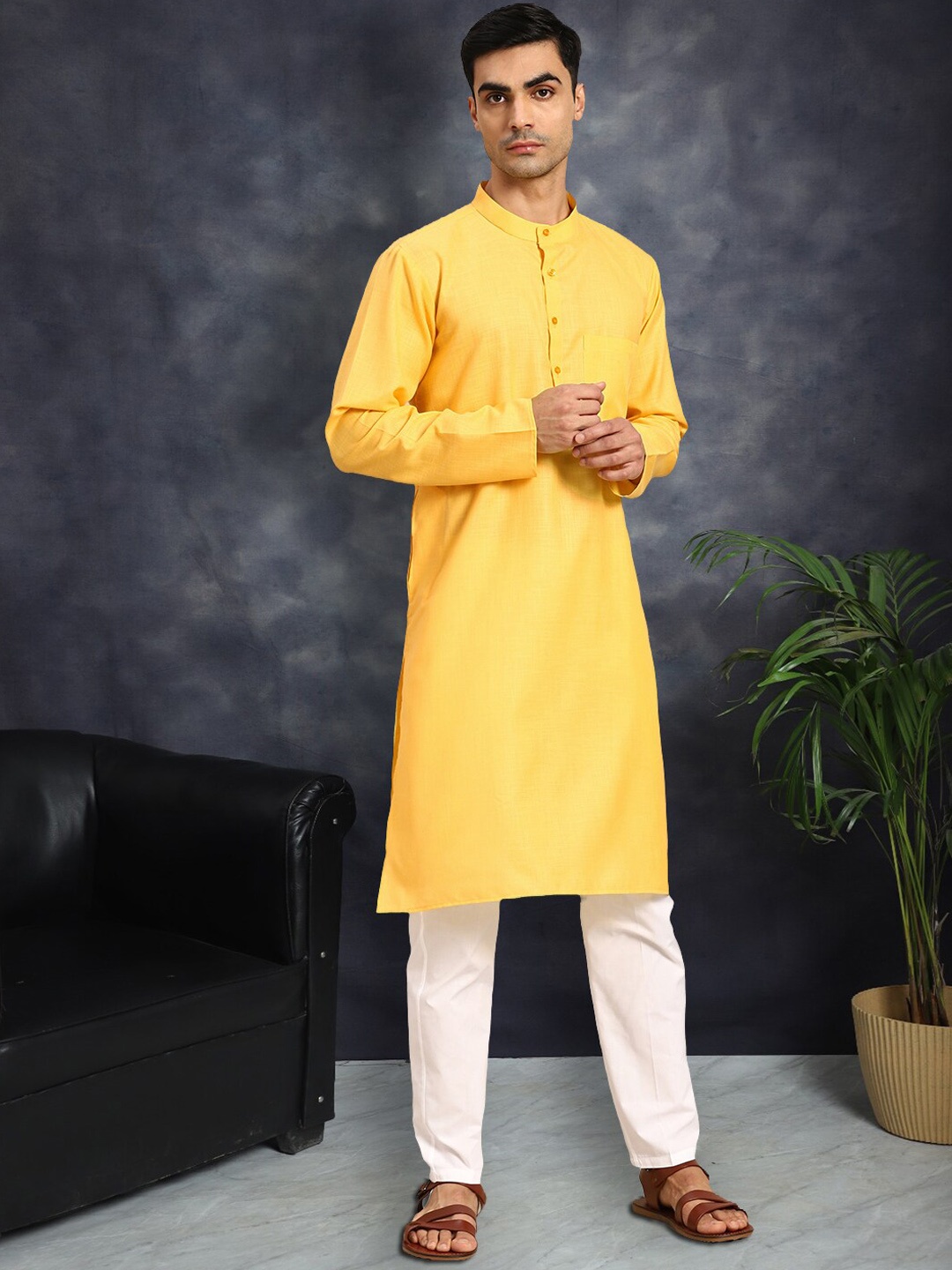 

Anouk Men Regular Pure Cotton Kurta with Pyjamas, Yellow