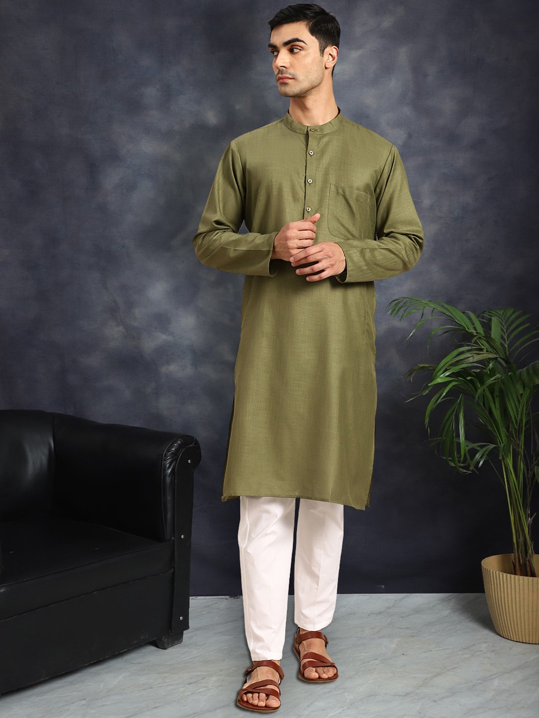 

Anouk Men Regular Pure Cotton Kurta with Pyjamas, Olive