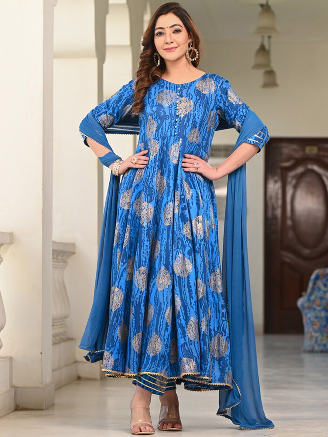 

Indi INSIDE Women Ethnic Motifs Printed Regular Kurta with Trousers & With Dupatta, Blue