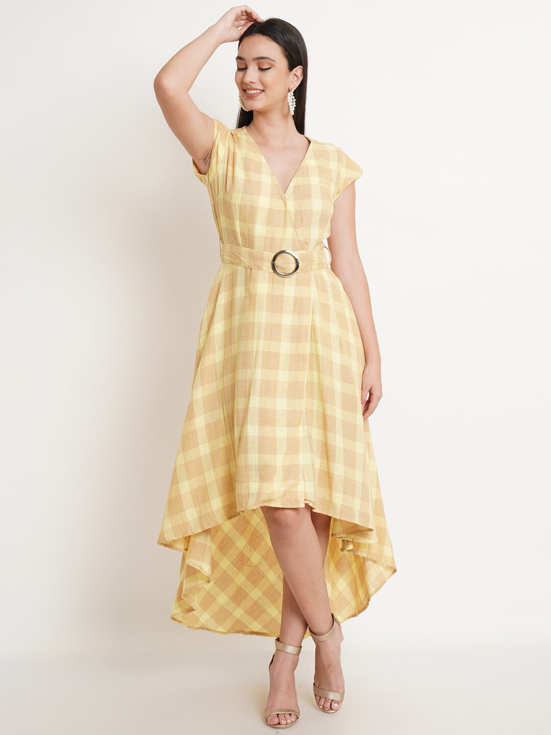 

Purple State Checked V-Neck Cotton Fit & Flare Dress, Yellow