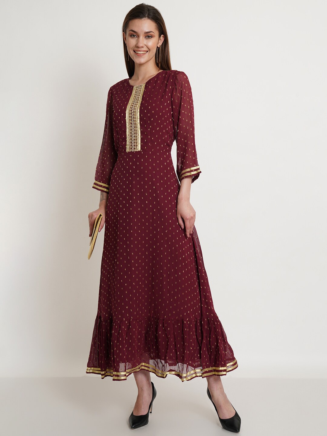 

Purple State Self Design Three-Quarter Sleeves Fit & Flare Maxi Dress, Maroon