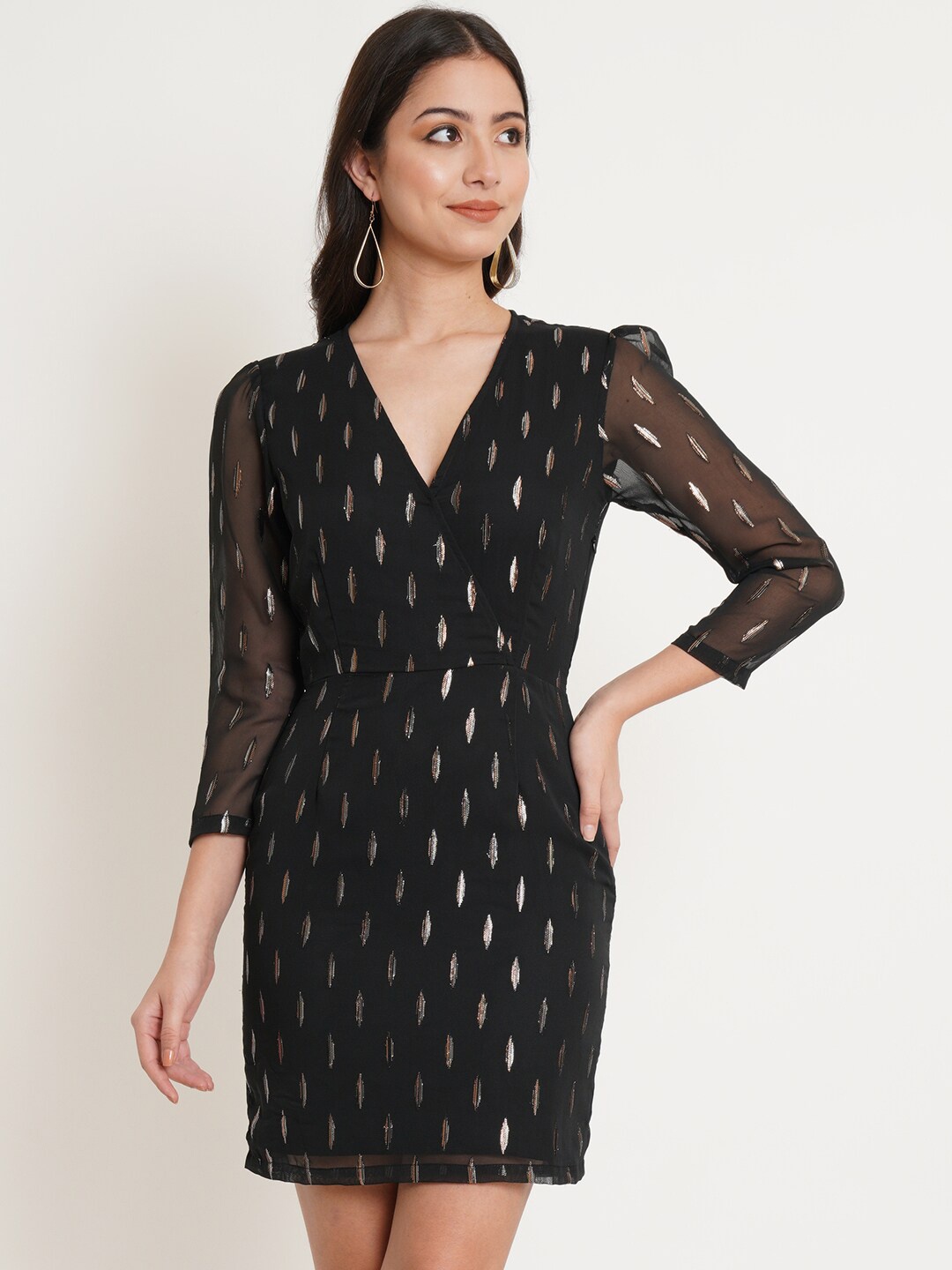 

Purple State Puff Sleeves Wrap Dress, Black