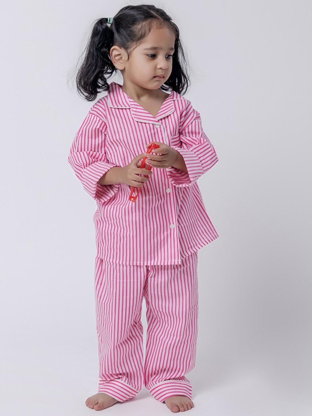

MASU LIVING Kids Striped Lapel Collar Pure Cotton Shirt With Pyjamas, Pink