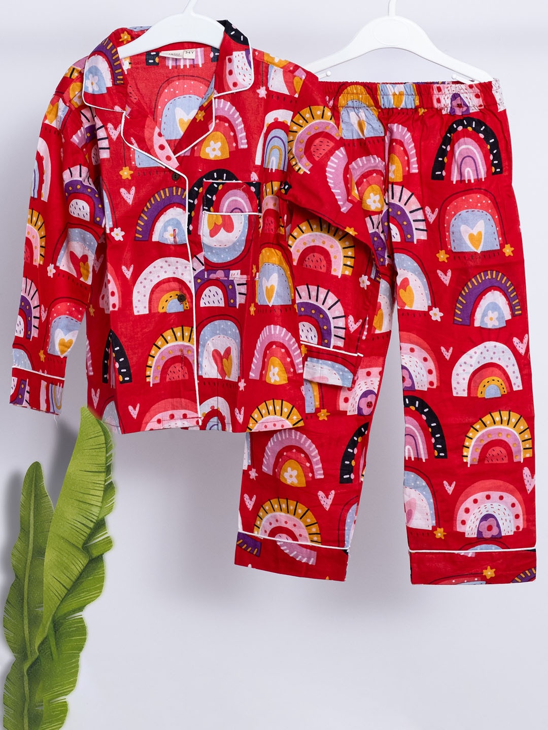 

MASU LIVING Kids Printed Lapel Collar Pure Cotton Shirt With Pyjamas, Red