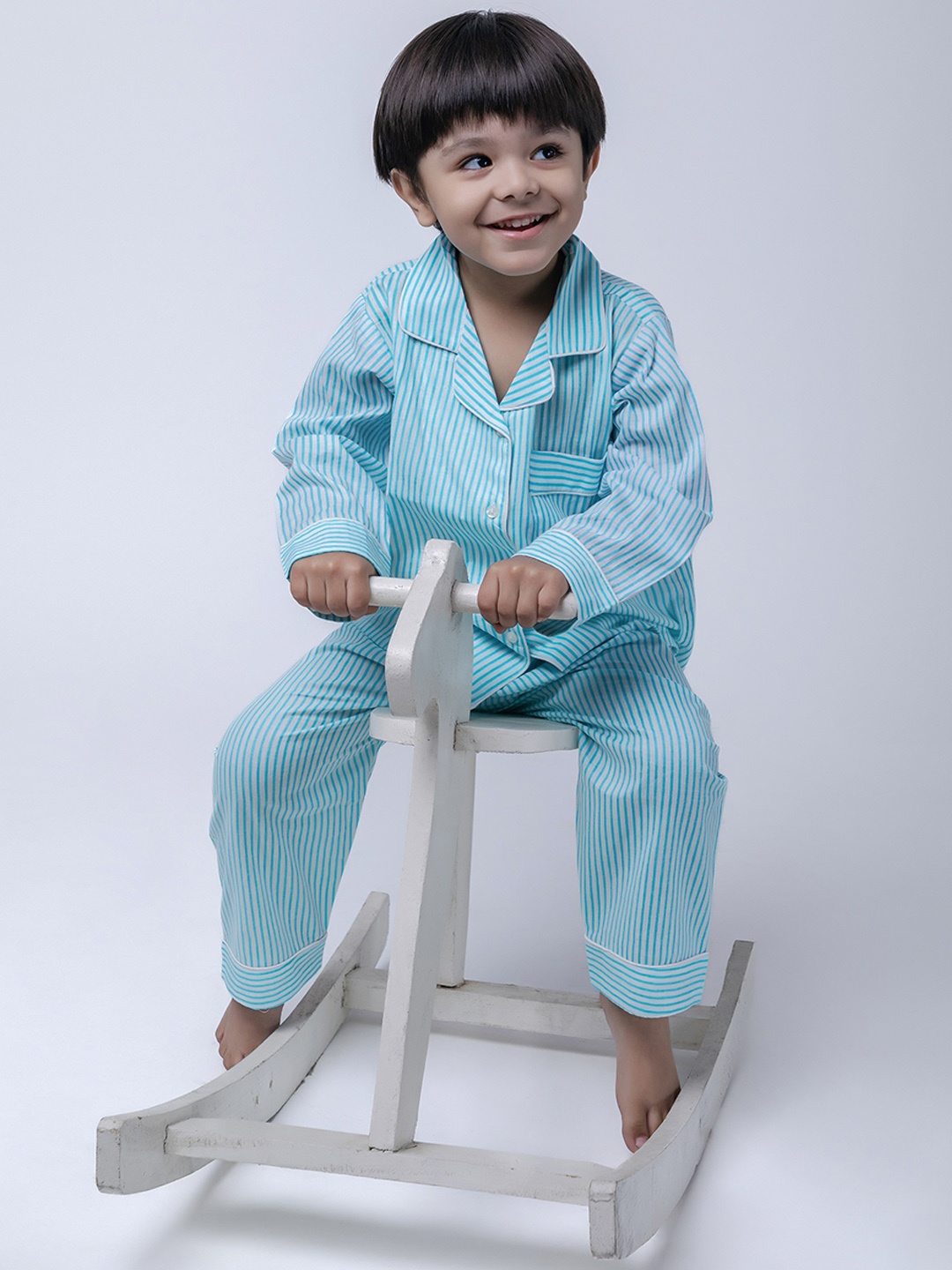 

MASU LIVING Kids Striped Lapel Collar Pure Cotton Shirt With Pyjamas, Blue