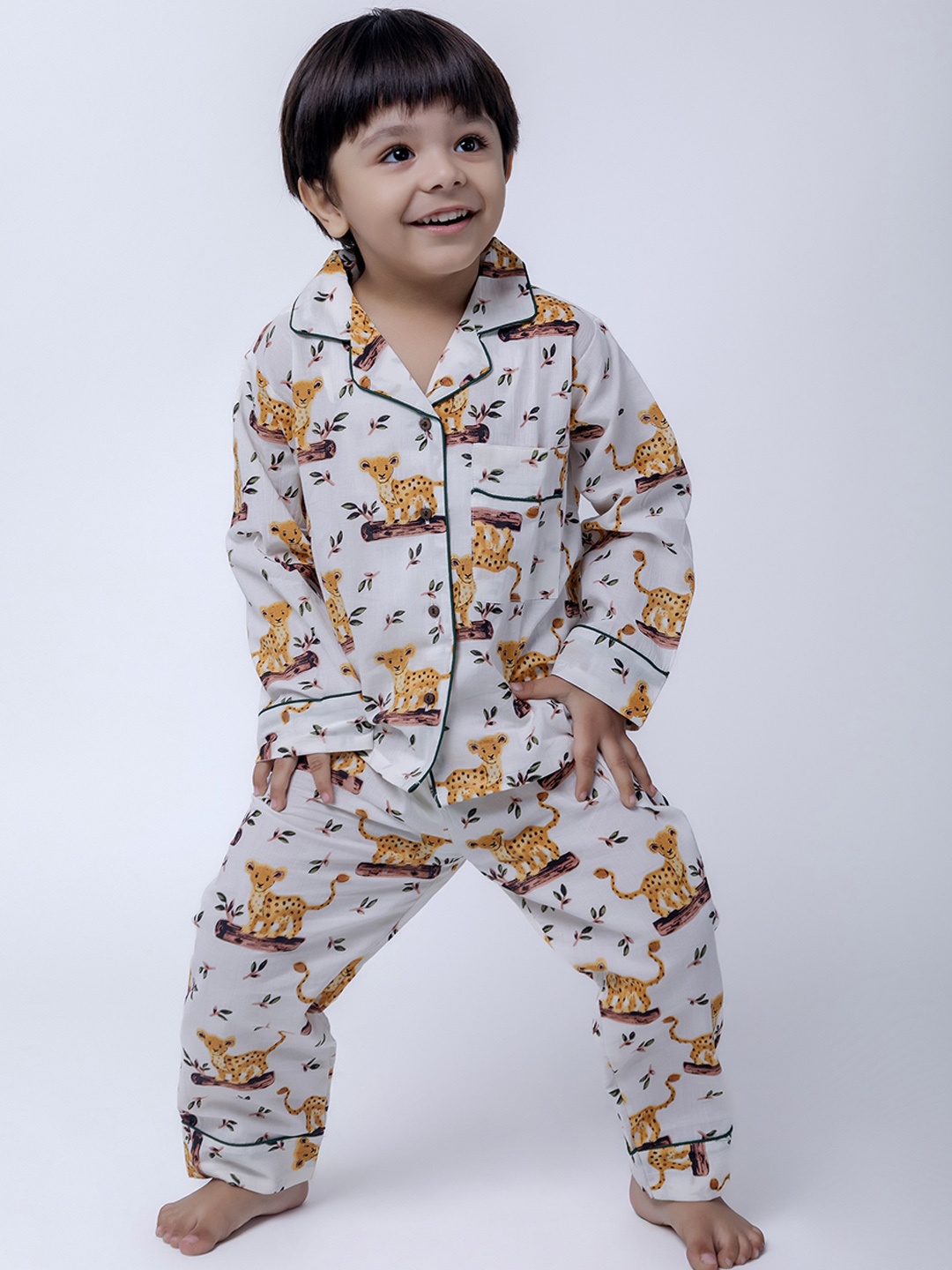 

MASU LIVING Kids Printed Lapel Collar Pure Cotton Shirt With Pyjamas, White