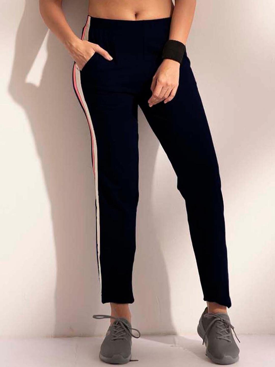 

LYRA Women Side Stripes Cotton Track Pants, Navy blue