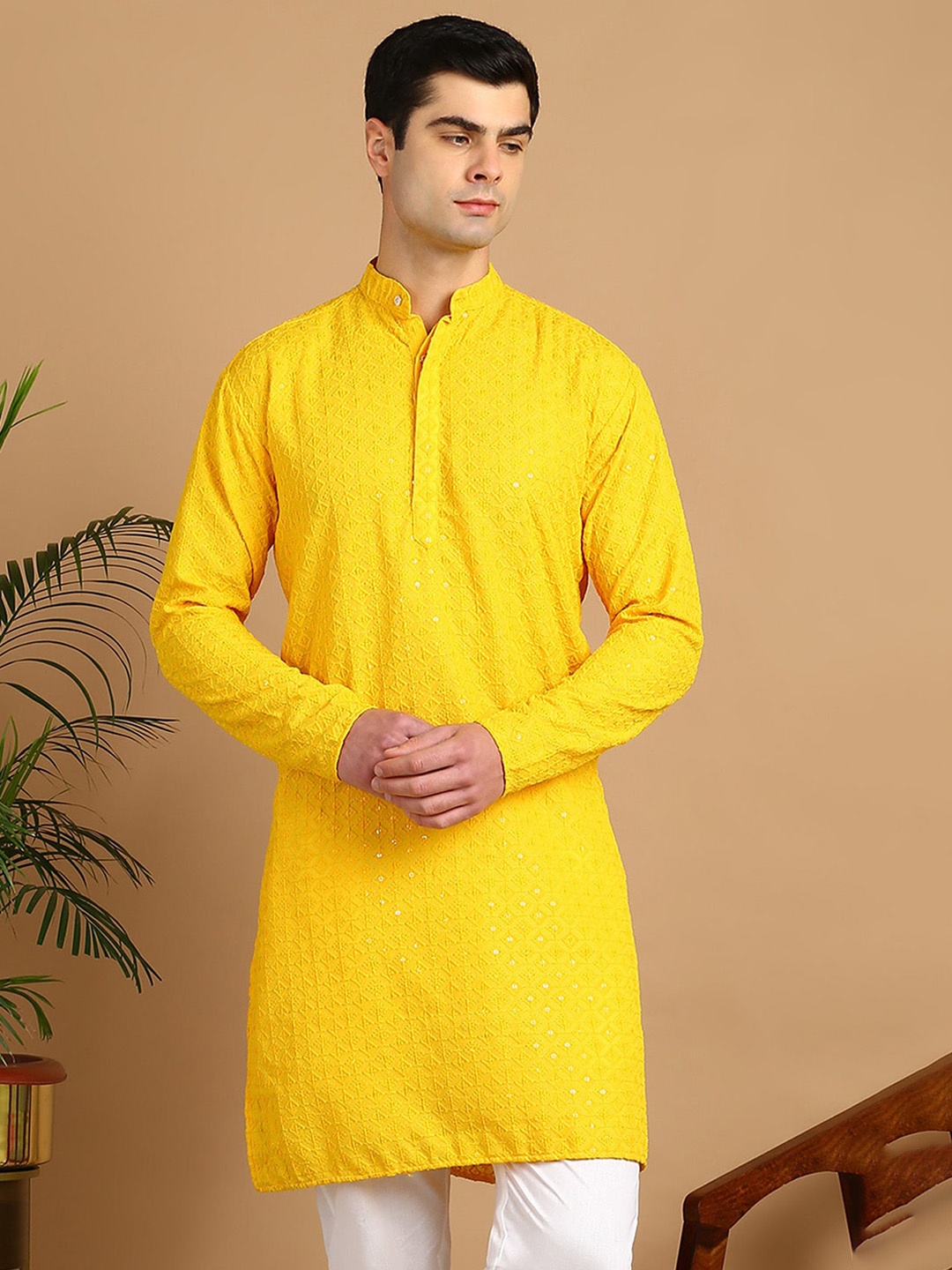 

FUBAR Ethnic Motif Embroidered Sequined Straight Kurta, Yellow