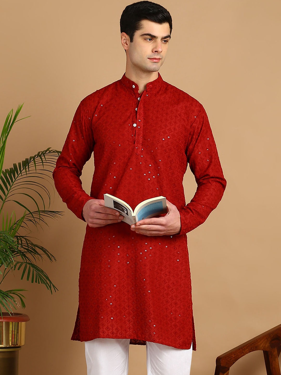 

FUBAR Geometric Embroidered Thread Work Kurta, Red