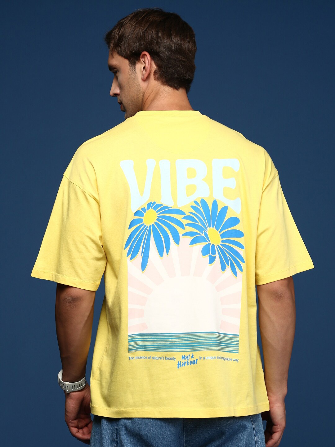 

Mast & Harbour Floral Printed Round Neck Drop-Shoulder Sleeves Oversized Cotton T-shirt, Yellow